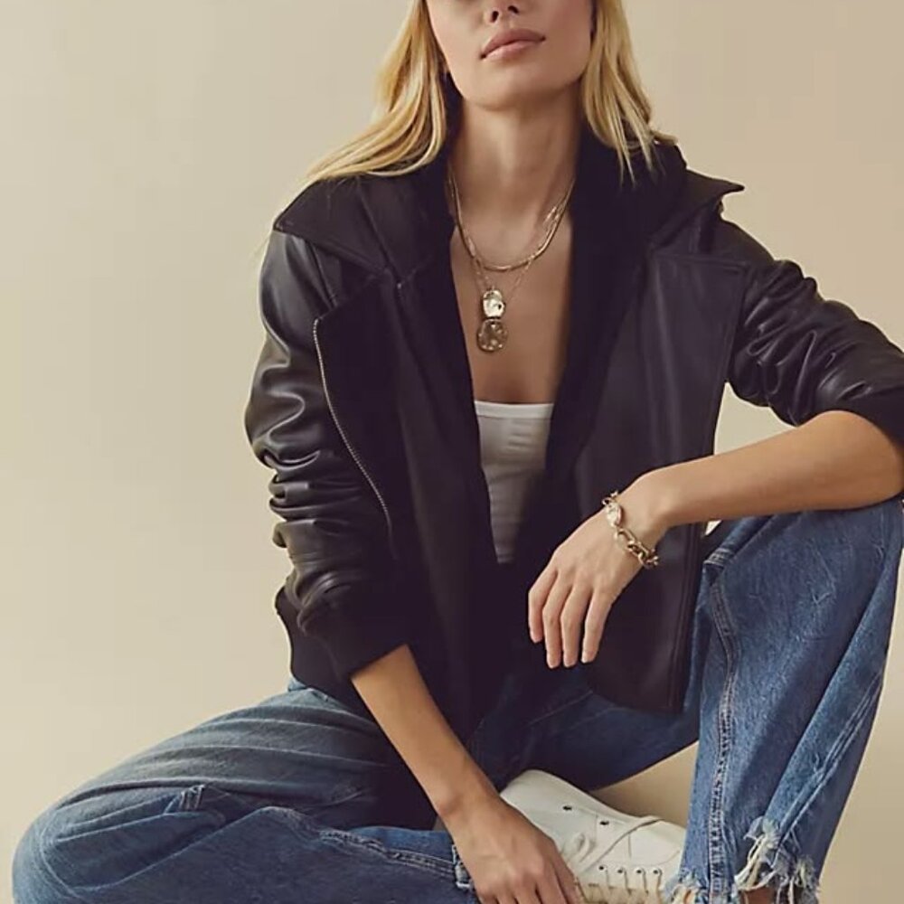 NWT Free People We the Free Women's It Girl Vegan Blazer in Black Leather Small
